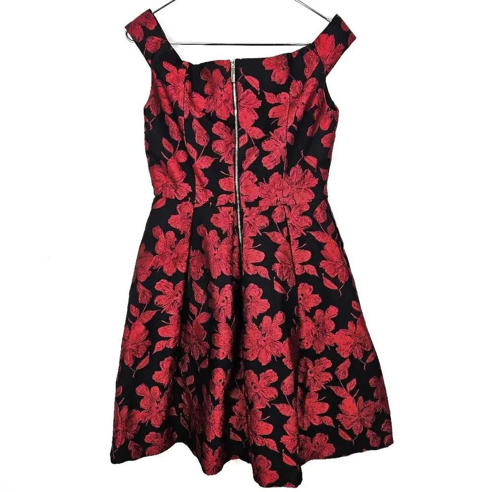 NWT CALVIN KLEIN Off The Shoulder Red & Black Brocade Fit & Flare Dress Size 10P - Picture 8 of 9
